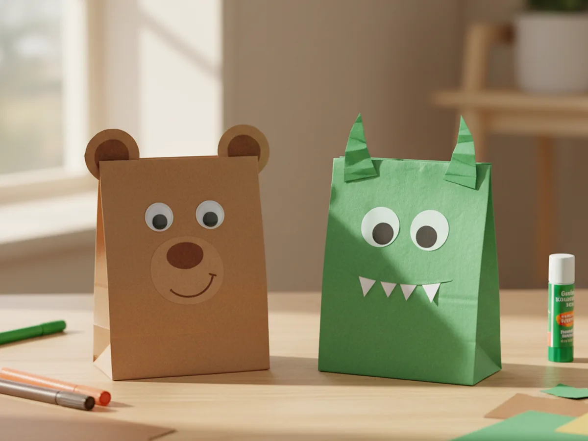Two handmade paper bag puppets decorated as a bear and a monster with googly eyes and marker-drawn features on a craft table