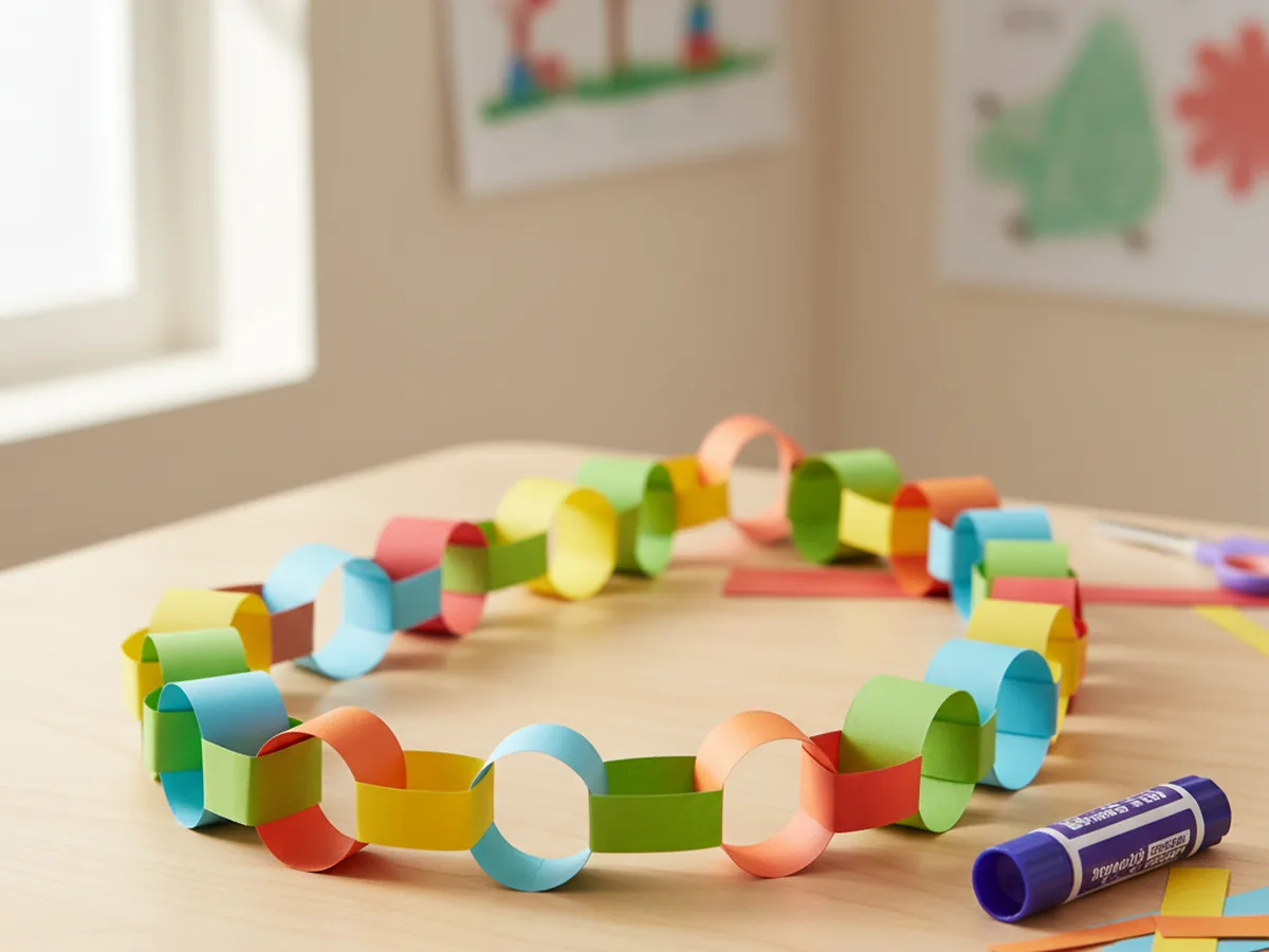 A handmade paper chain garland in alternating bright colors draped across a wooden surface on a craft table