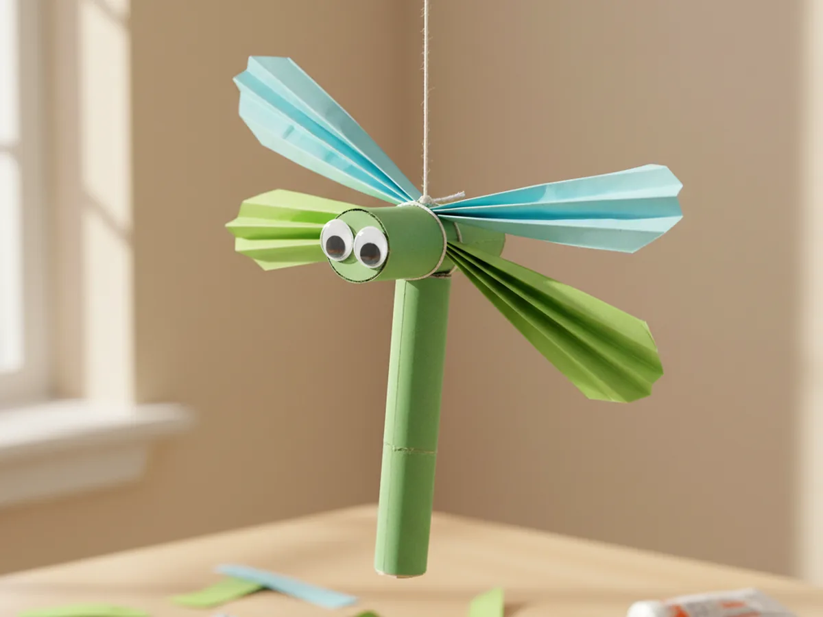 A handmade paper dragonfly with four accordion-folded paper wings a blue cylinder body and googly eyes on a craft table