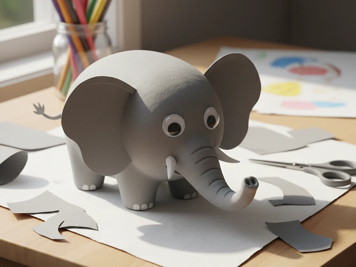 A handmade grey paper elephant with a long curved trunk large rounded ears googly eyes and white paper tusks on a craft table