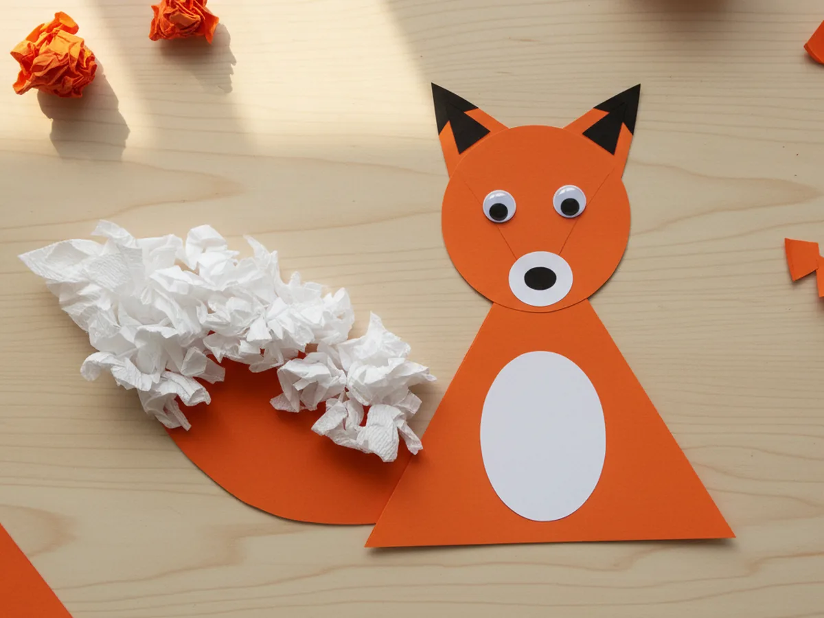 A handmade orange paper fox with pointed ears white chest muzzle a fluffy tail and googly eyes on a light craft table