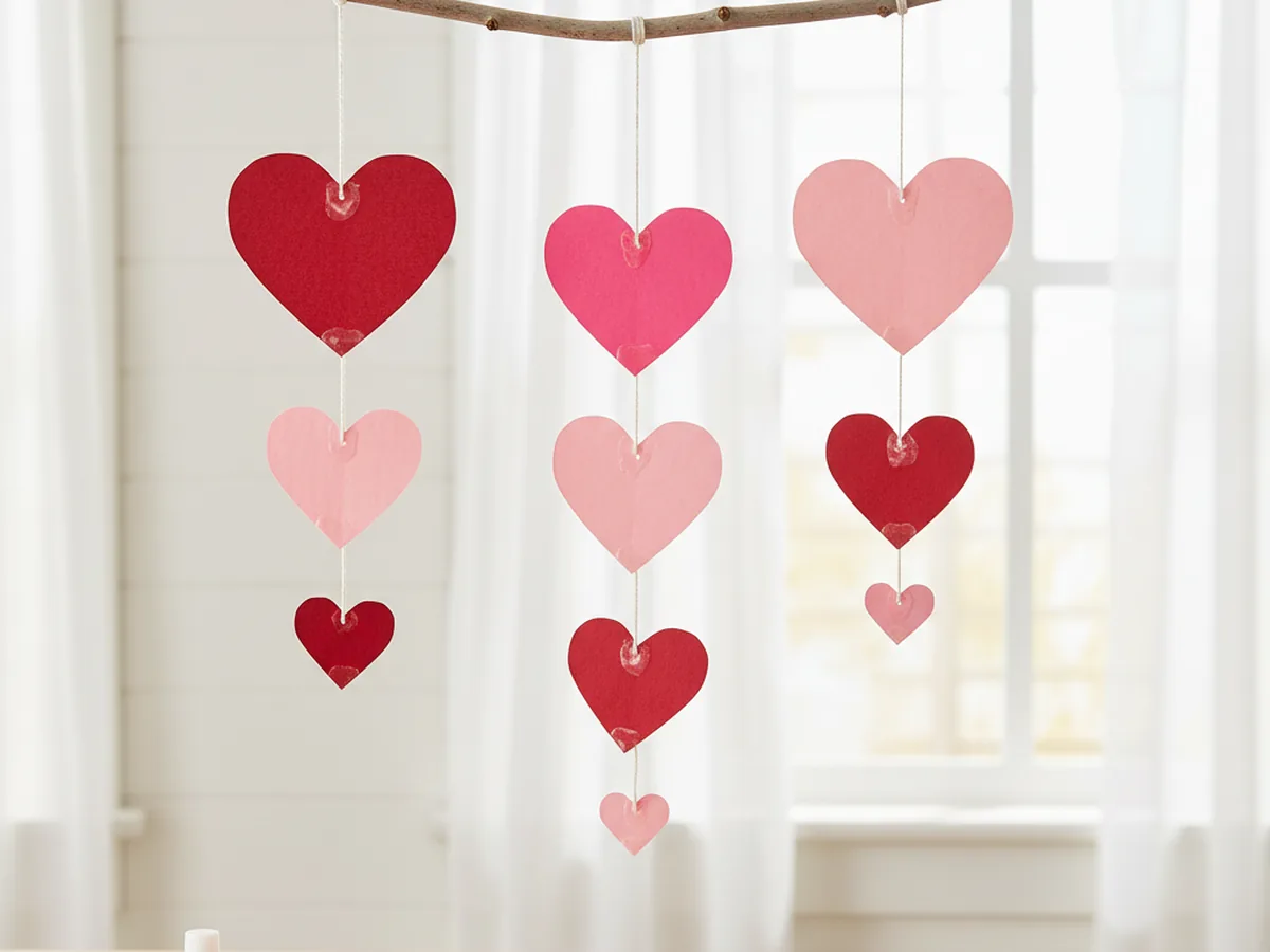 A handmade paper heart mobile with stacked graduated red and pink hearts on strings hanging from a small twig near a window