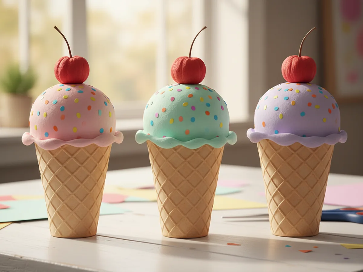 A handmade paper ice cream cone with a pastel pink scoop a tan waffle-grid cone a red cherry and colorful dot sprinkles