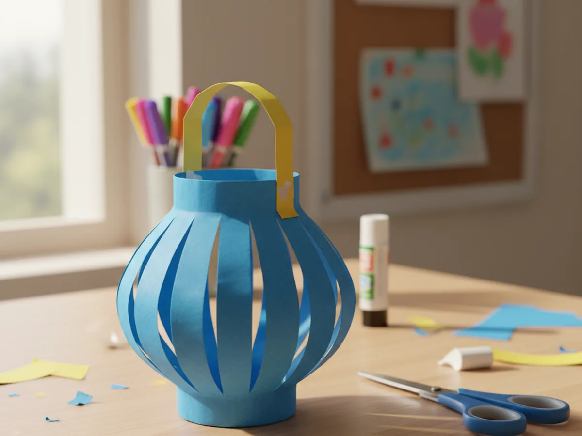 A handmade paper lantern made from a rolled rectangle with vertical slit panels and a folded paper handle on a craft table
