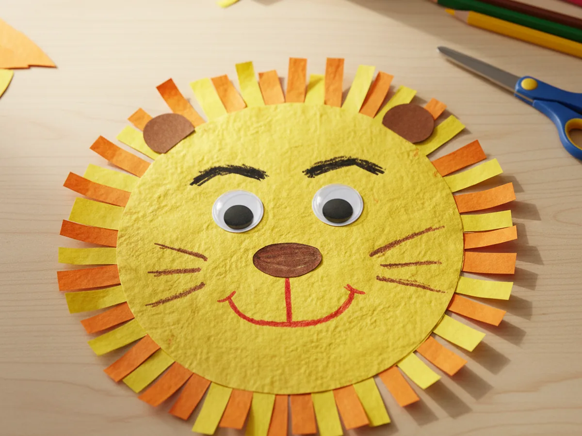 A handmade paper lion with a yellow circular face surrounded by an orange and yellow paper strip mane and googly eyes