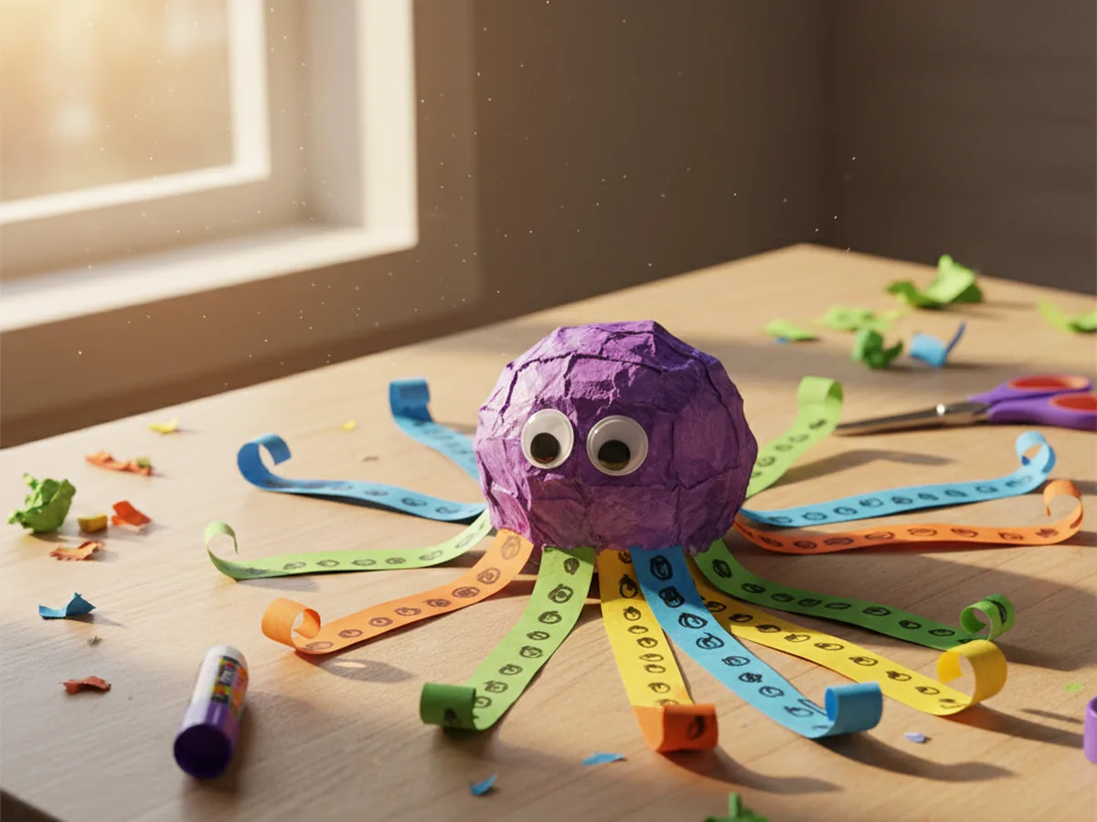 A handmade paper octopus with a round head eight curled paper arms googly eyes and marker dots on a light craft table