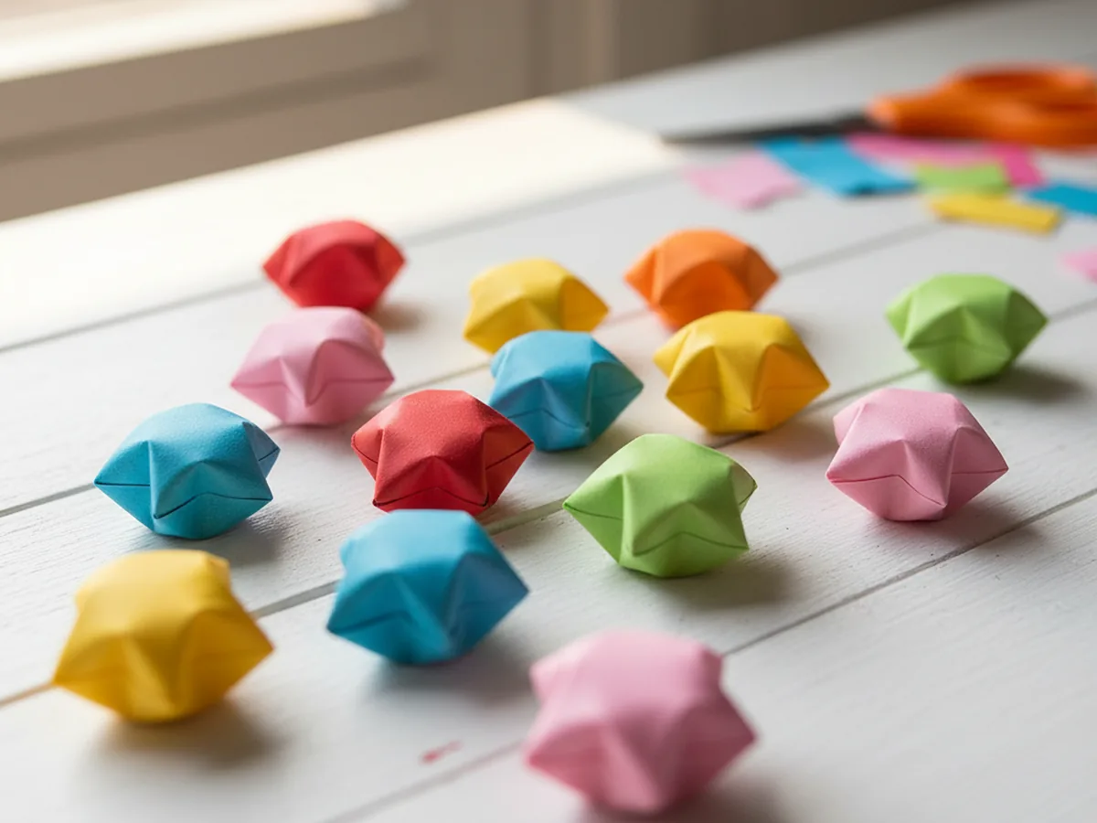 Several small handmade 3D paper origami lucky stars in different bright colors arranged on a light wood surface
