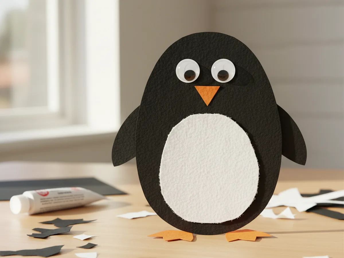 A handmade black and white paper penguin with a white oval belly orange beak and feet and googly eyes on a craft table