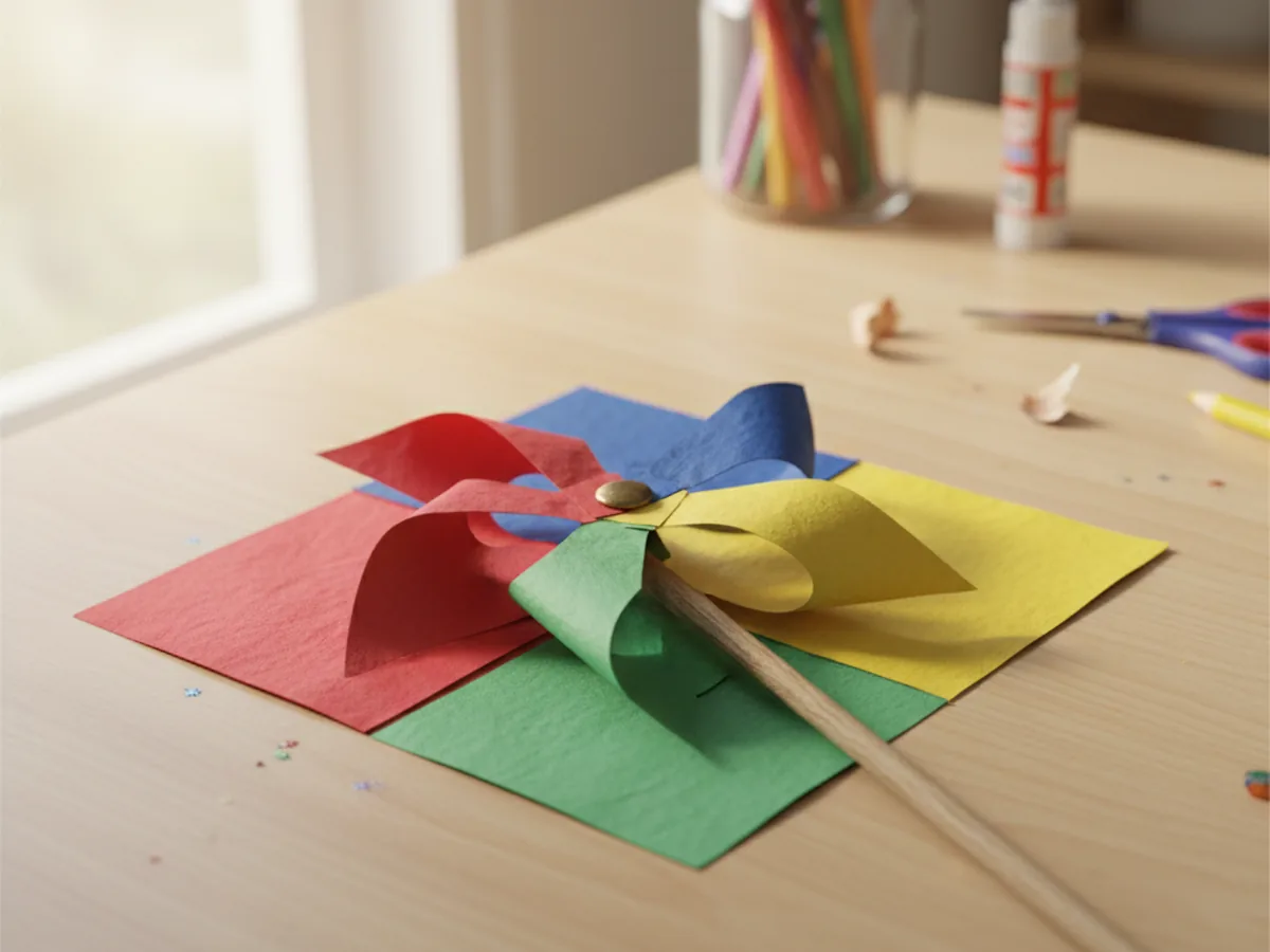 A handmade paper pinwheel with bright multicolor alternating sections attached to a wooden stick on a craft table