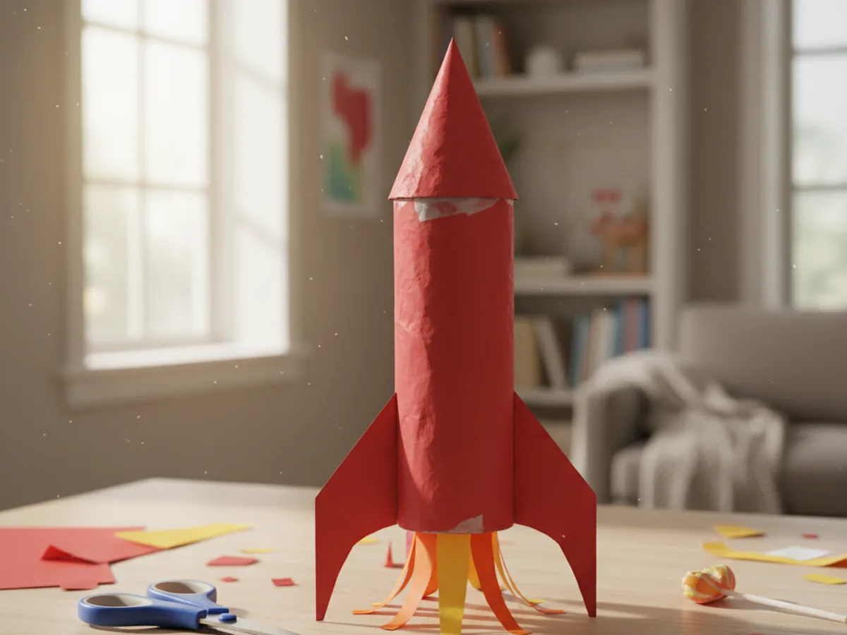 A handmade paper rocket with a red cylinder body triangular fins a cone nose and orange yellow flame shapes at the base