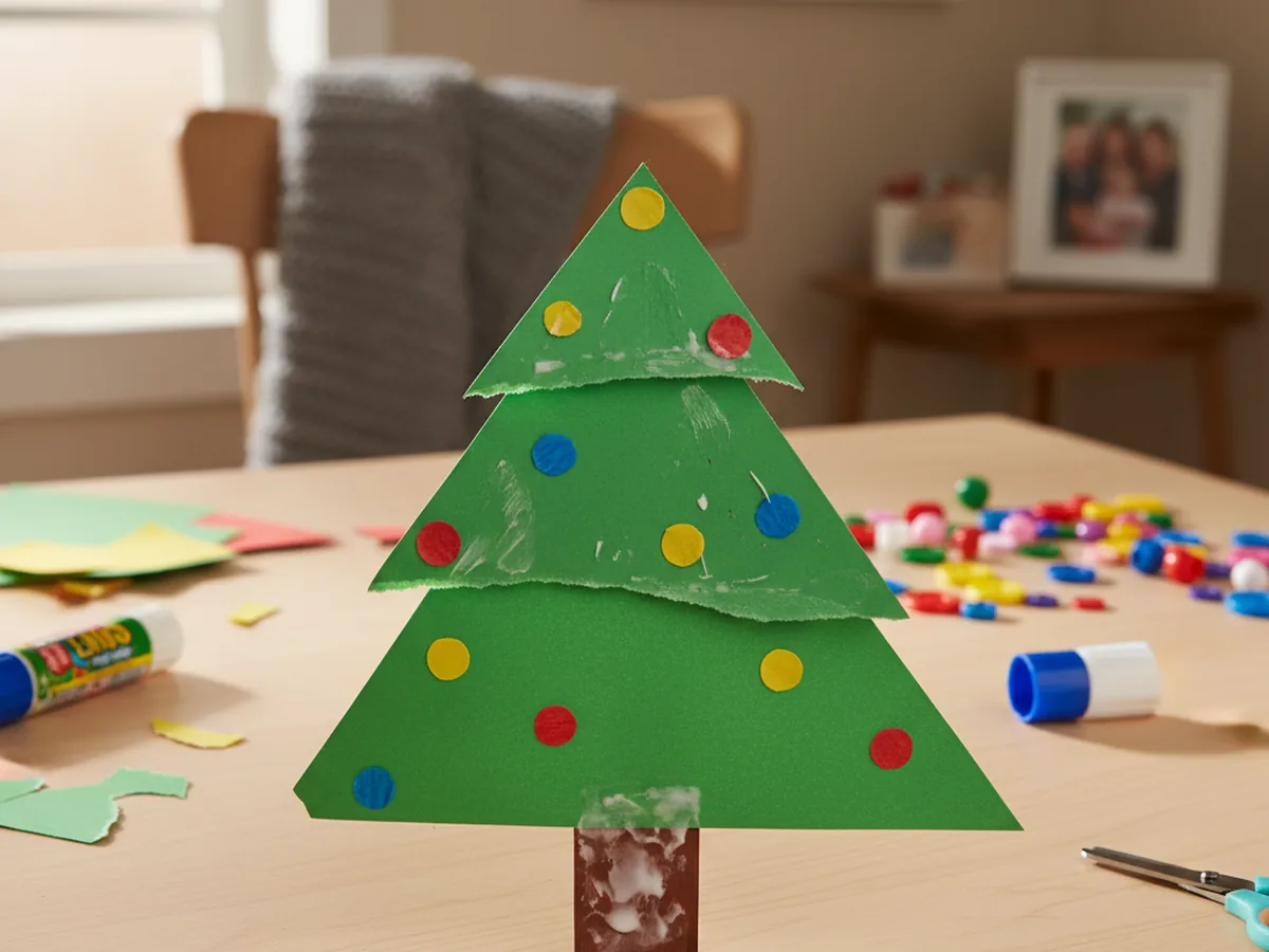 A handmade layered green paper tree with three graduated triangle layers a brown trunk and colorful paper circle decorations