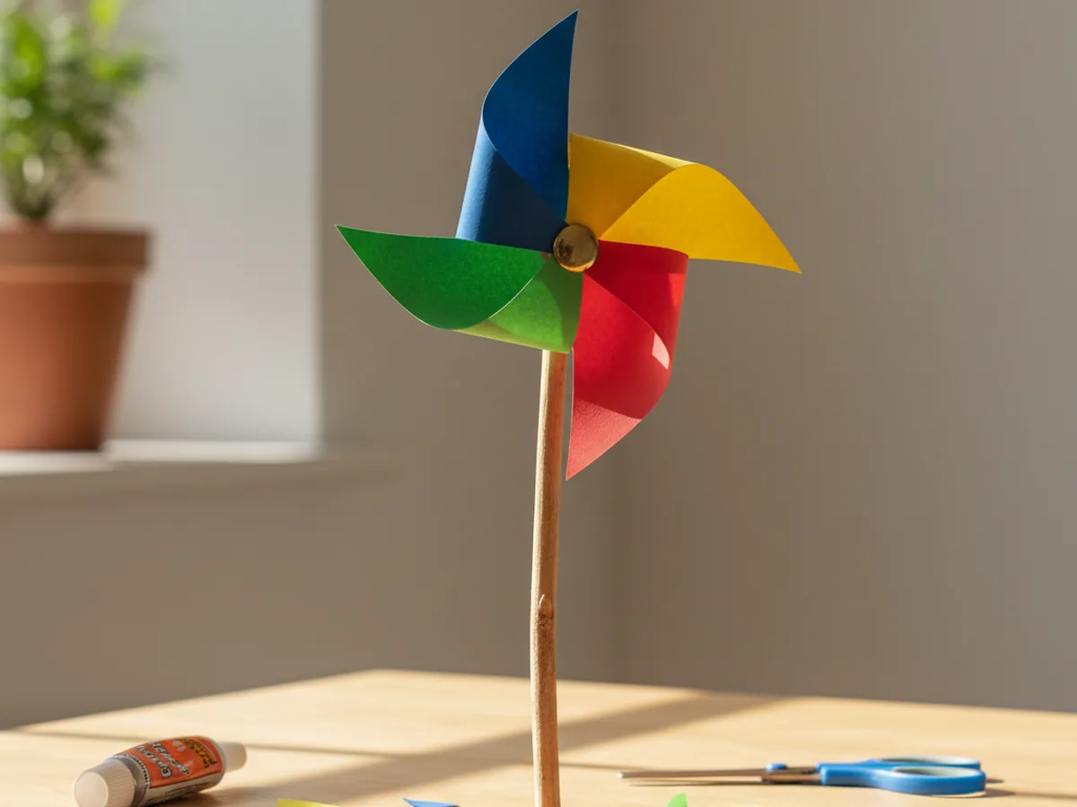 A handmade paper windmill with four colored blades on a straw handle folded from a decorated square of paper on a craft table