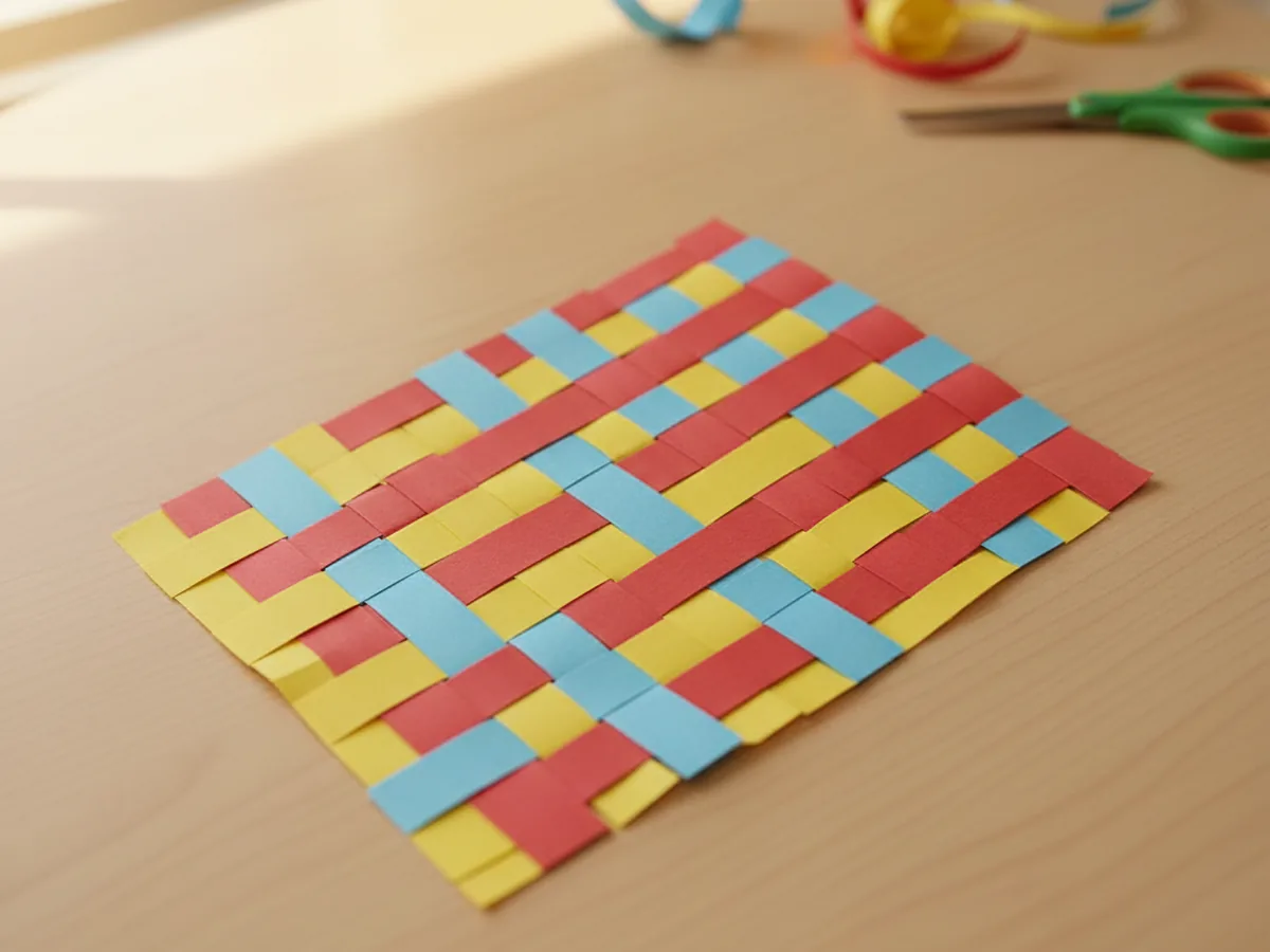 A handmade paper woven placemat with alternating colorful strips in an over-under pattern on a light wood craft table