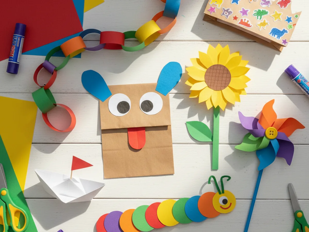 A colorful spread of easy paper crafts for kids on a bright craft table