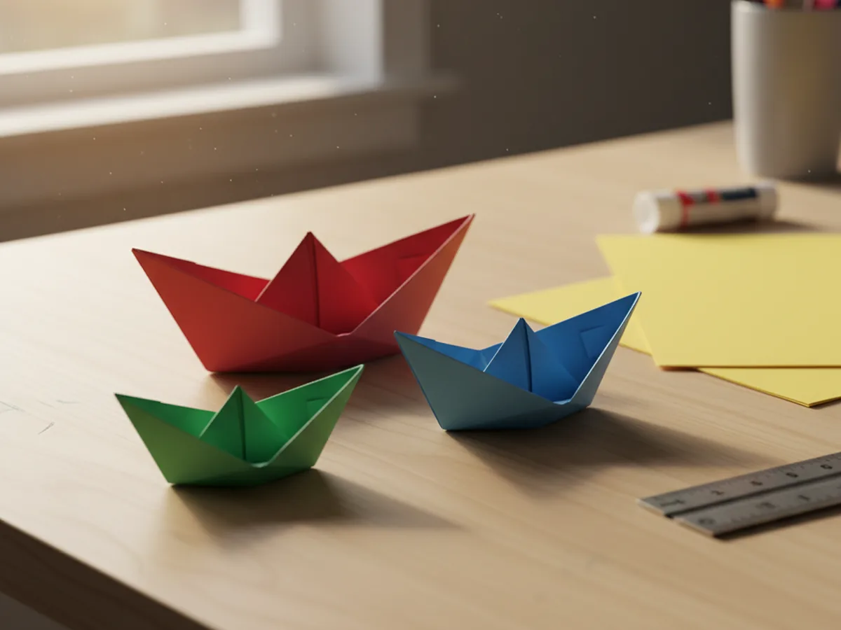 Several colorful origami paper boats folded from construction paper on a wooden table