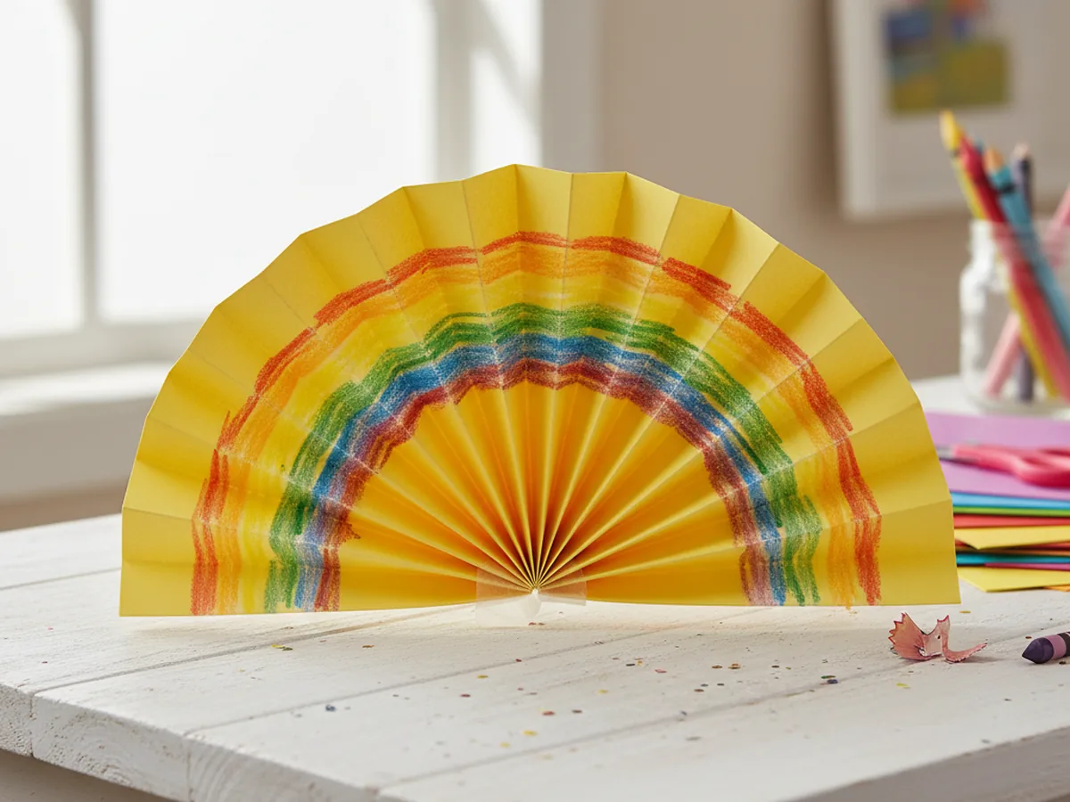 A colorful handmade paper accordion fan open on a bright craft table