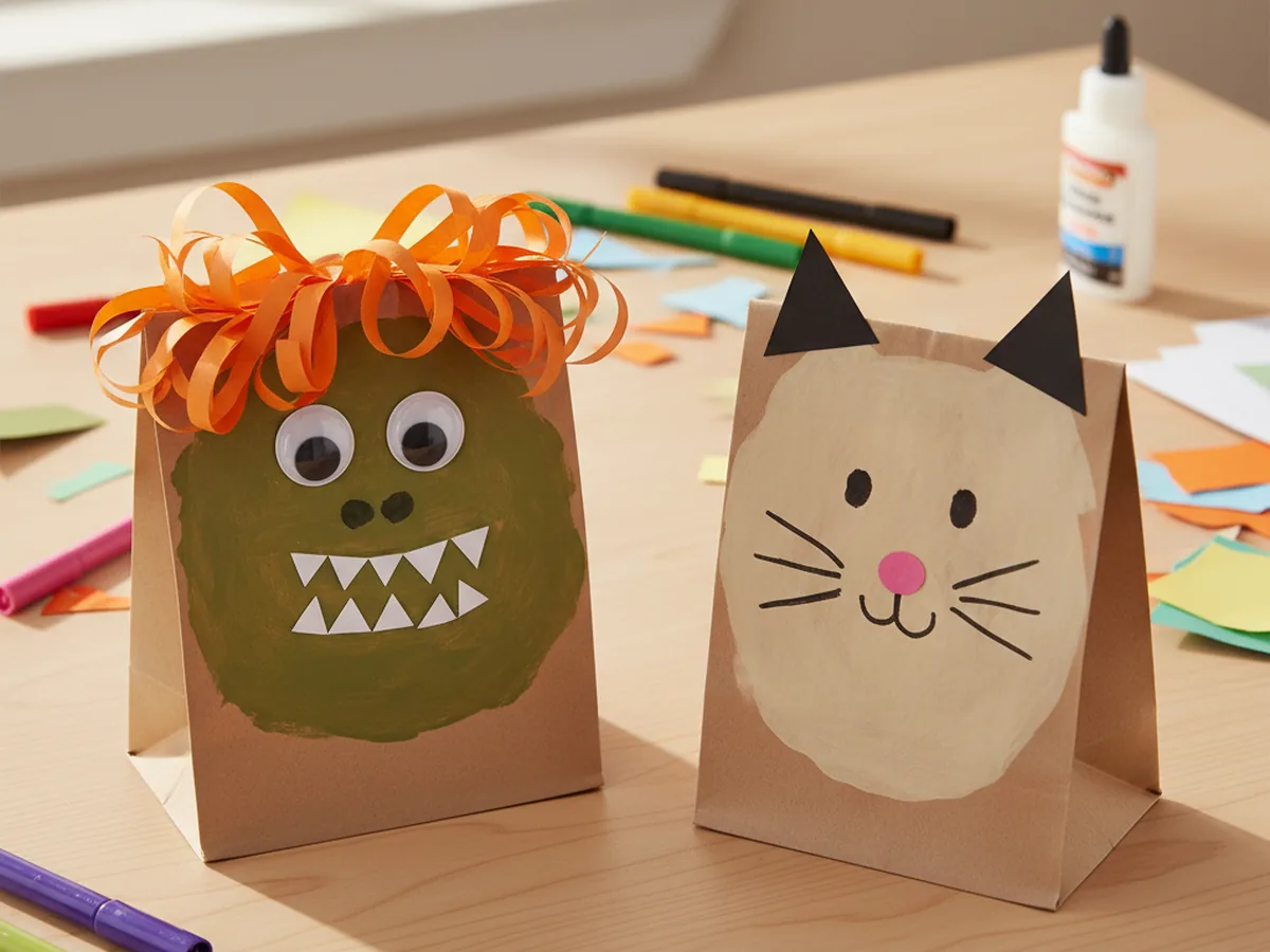 Handmade paper bag puppets with drawn faces and paper ears on a craft table