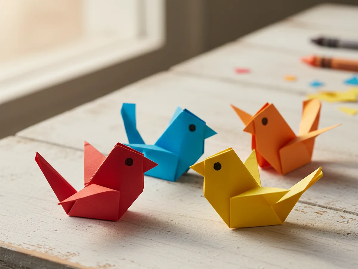 Small colorful handmade paper birds folded from construction paper on a white table