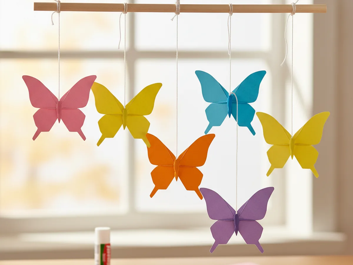 A hanging paper butterfly mobile with colorful paper butterflies at different heights