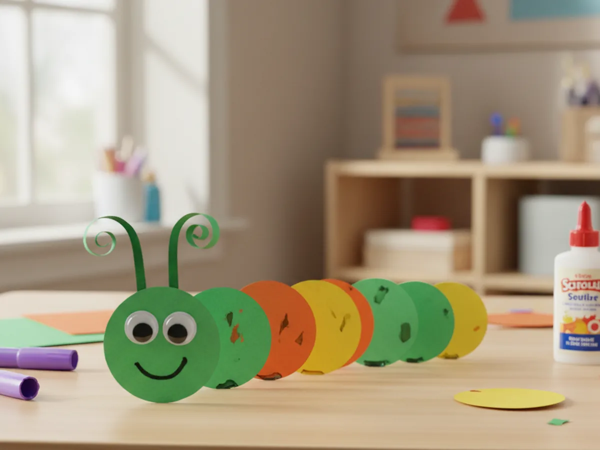 A handmade paper caterpillar made from colorful circles with googly eyes and paper antennae