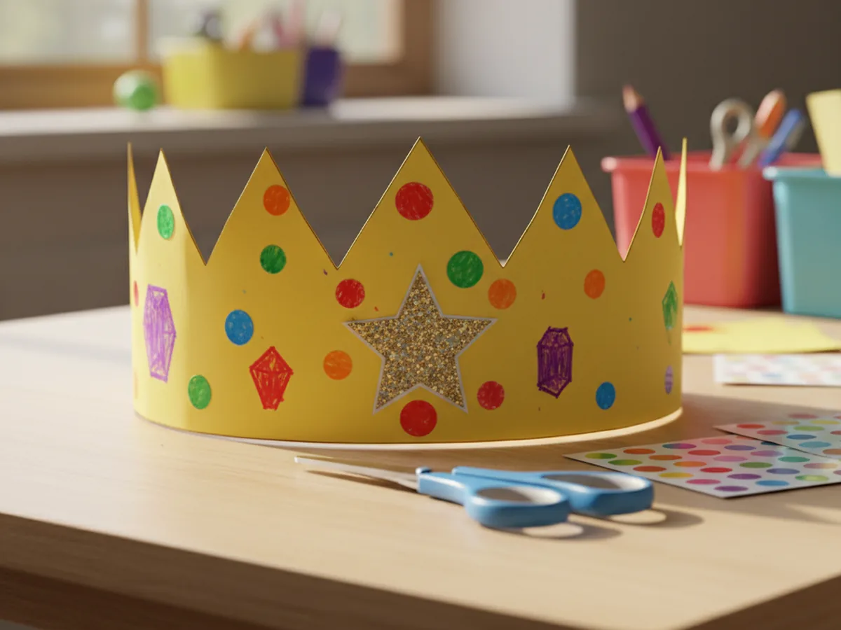 A colorful handmade paper crown decorated with markers and stickers on a craft table