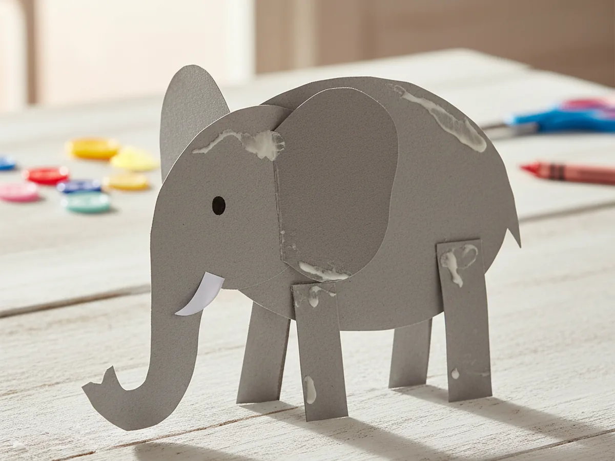 A handmade grey paper elephant assembled from cut construction paper shapes on a craft table