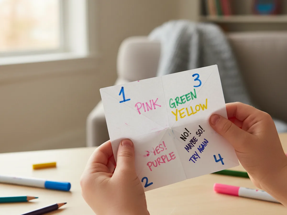 A handmade paper fortune teller with colorful numbers and drawings on a bright surface