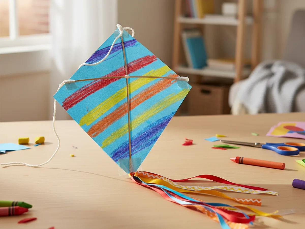 A handmade paper kite in diamond shape with rainbow stripes and a ribbon tail on a craft table