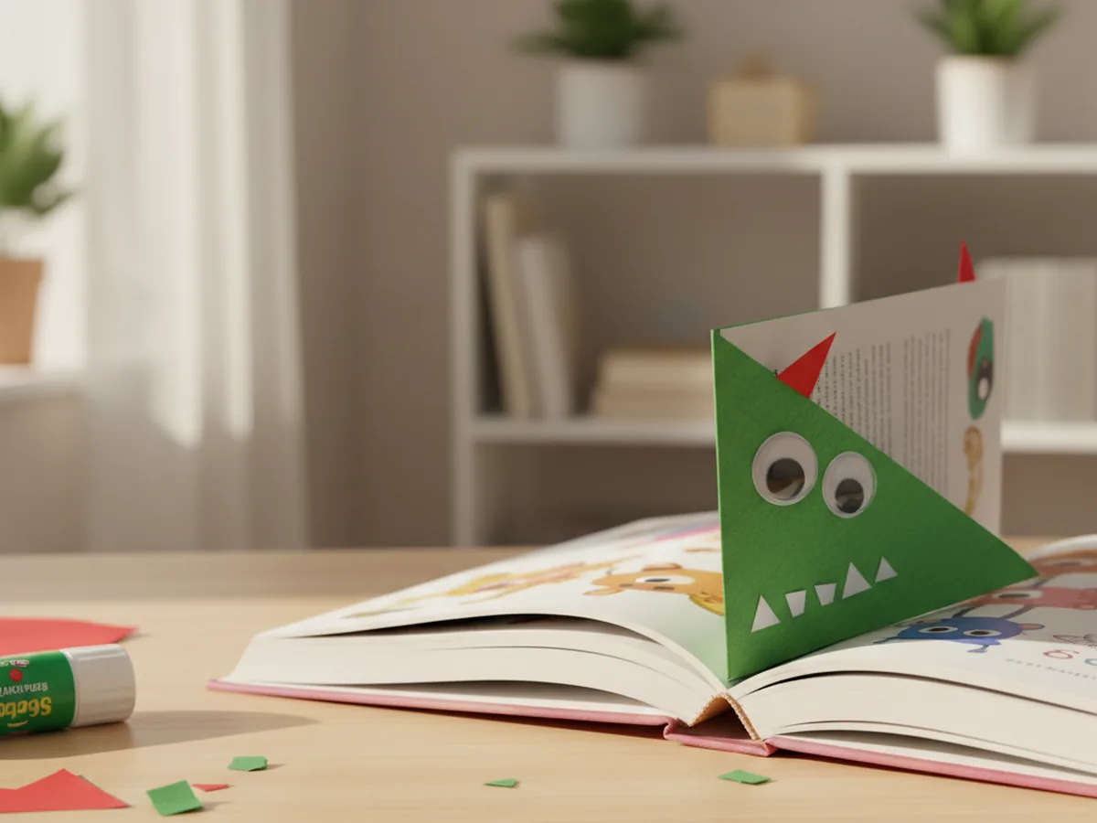 A green paper monster corner bookmark with googly eyes and paper fangs on a book page