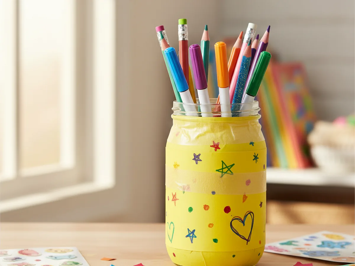 A handmade paper-wrapped pencil holder decorated with colorful markers and paper cutouts