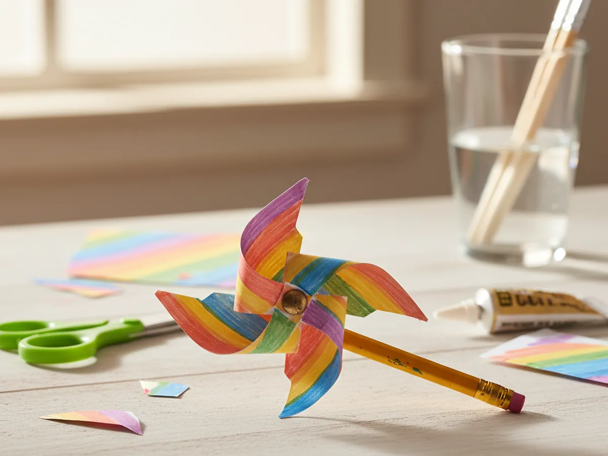 A bright rainbow paper pinwheel attached to a pencil on a light wood surface