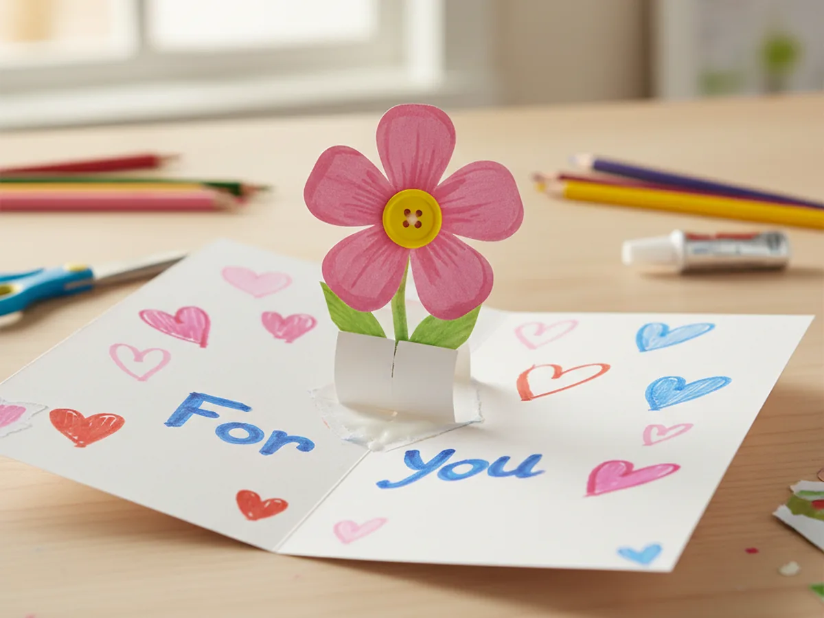 A handmade paper pop-up card opened to reveal a small paper flower popping up from the center