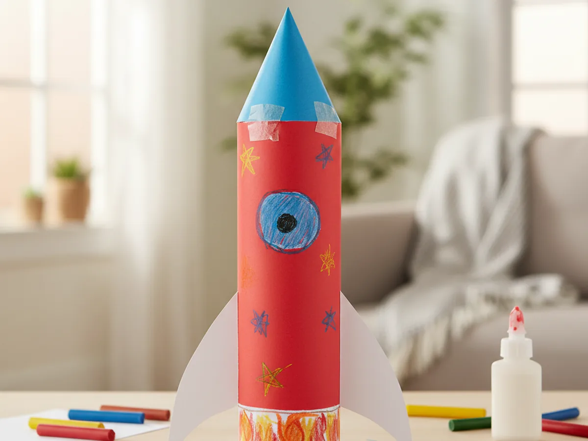 A handmade paper rocket standing upright with red fins and colorful crayon decorations