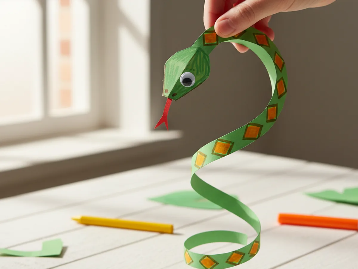 A handmade spiral paper snake with colorful stripes hanging from a finger by its head