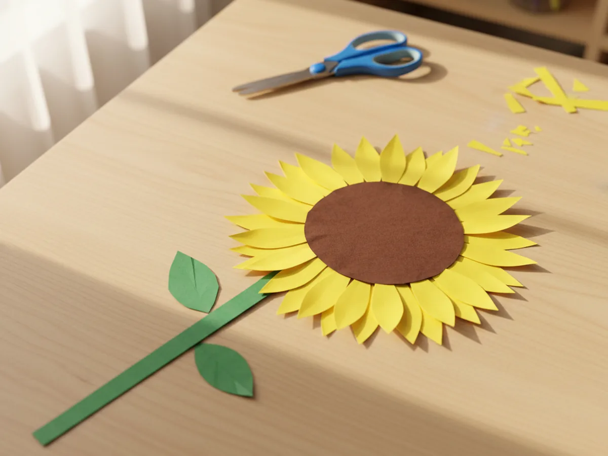 Handmade paper sunflower with yellow construction paper petals and a brown center