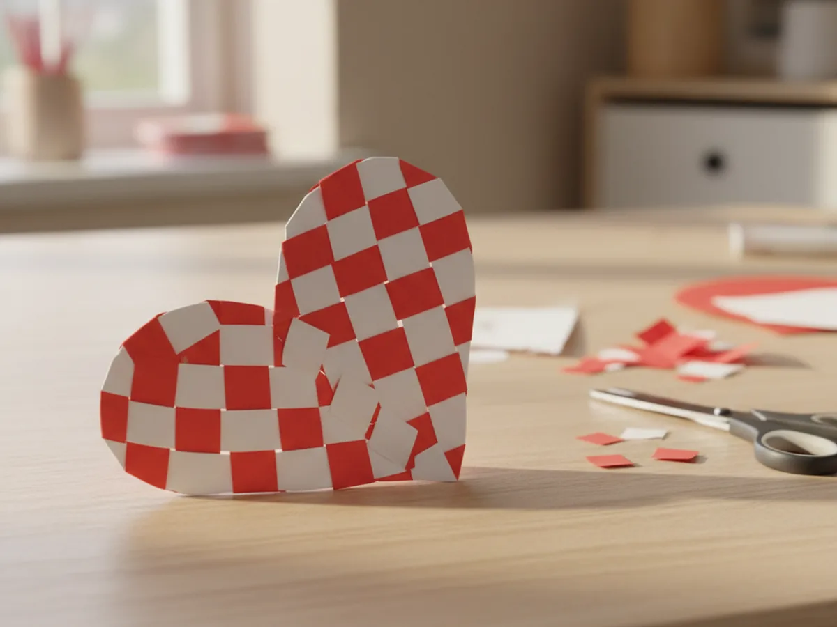 A beautiful woven paper heart made from red and white construction paper strips