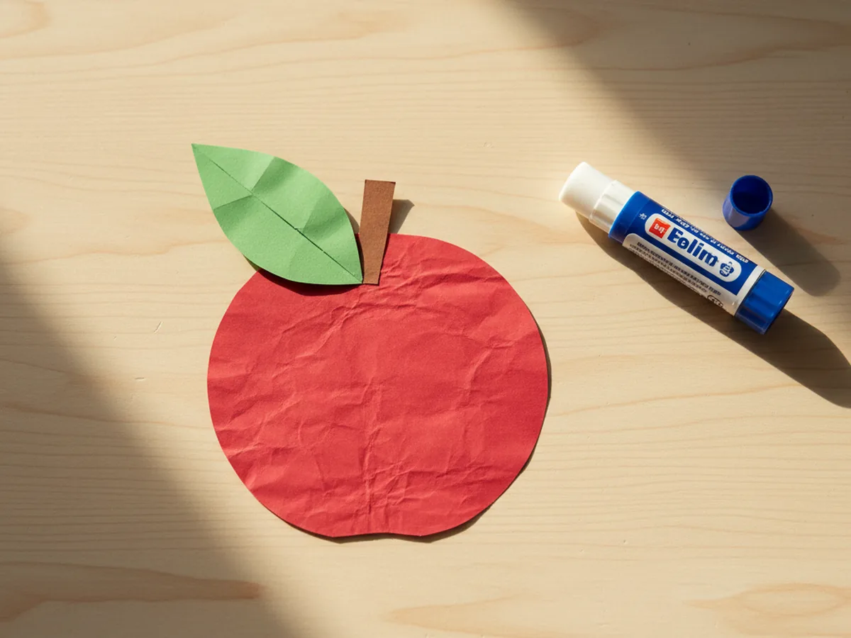 A green paper teardrop leaf glued to the side of the brown stem on top of the red paper apple, angled outward with a soft folded crease running down the center of the leaf, displayed on a white craft table