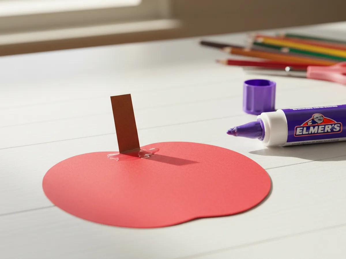 A small brown paper stem glued into the dip at the top center of the round red paper apple body, with about half of the stem peeking above the apple, sitting on a white craft table with a glue stick beside it