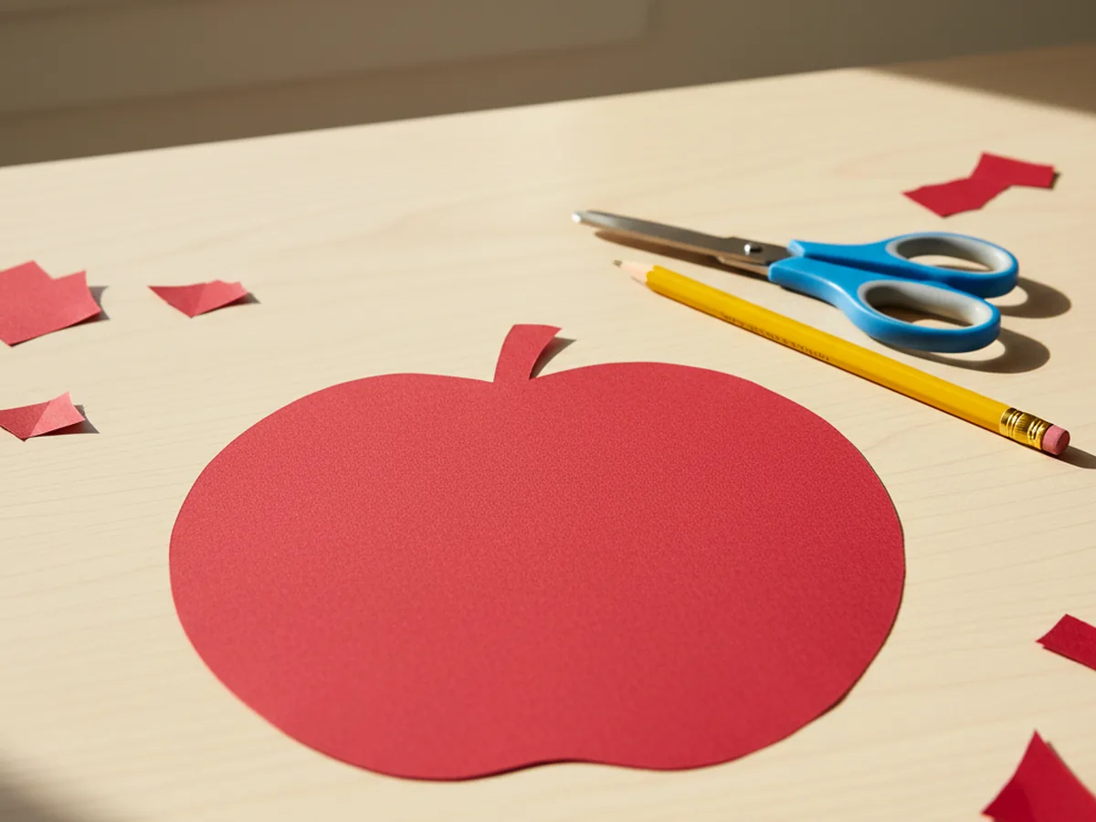 A large round red construction paper apple body shape with a soft dip at the top where the stem will sit, freshly cut and resting on a white craft table next to kid scissors and a pencil