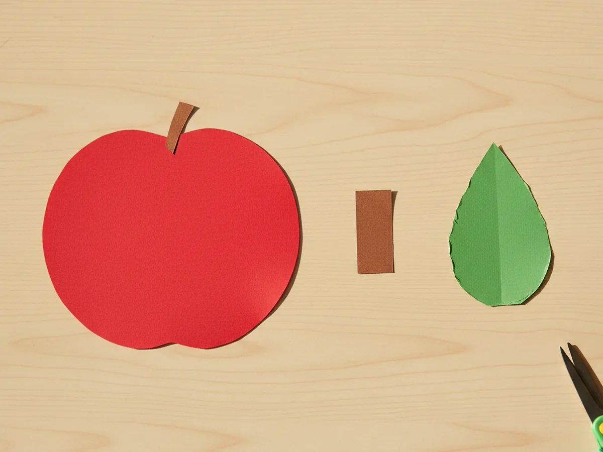 A small brown rectangular paper stem and a green teardrop shaped paper leaf neatly arranged on a white craft table next to the larger red round apple body shape, ready to be assembled into a paper apple