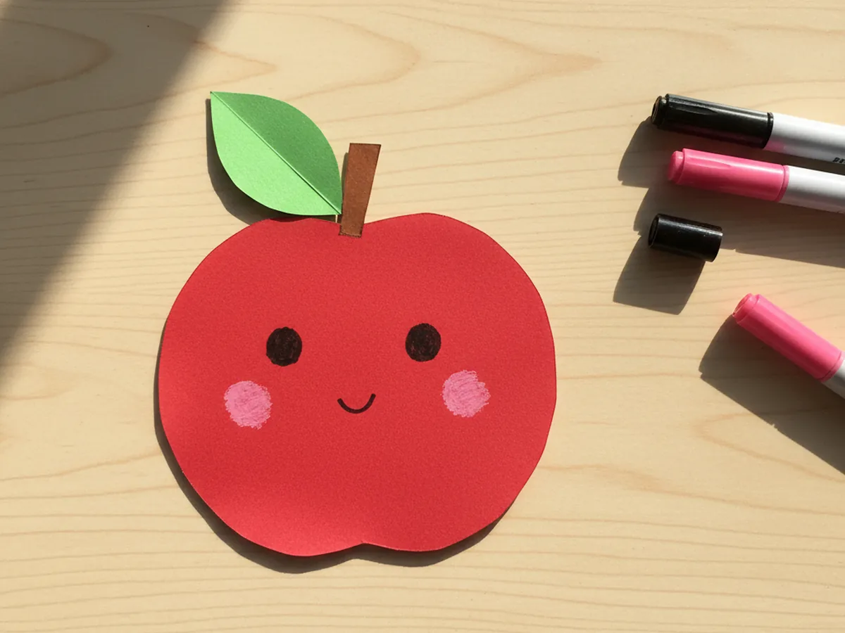 The red paper apple now decorated with two small black marker drawn eyes, a tiny curved smile, and two soft pink cheek dots, with a brown stem and green leaf on top, sitting on a white craft table next to markers