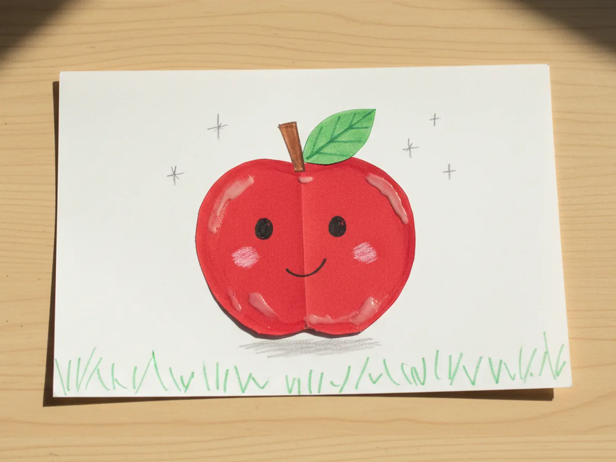 The finished paper apple craft mounted on a white cardstock background with a few small marker drawn sparkle dots around it, a soft shadow line under the apple, and a few green grass blades along the bottom edge, displayed on a craft table
