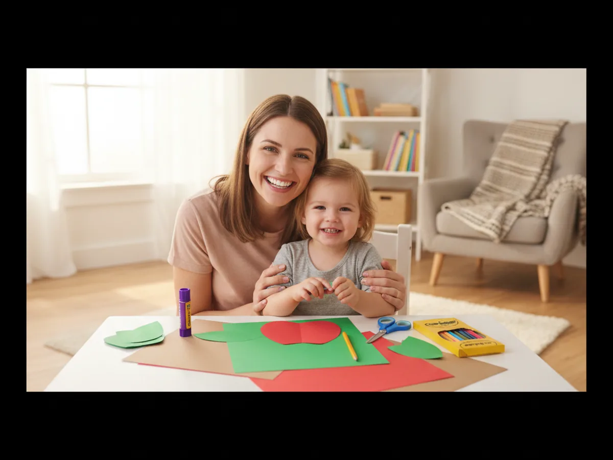 A mom and her young child sitting together at a craft table with sheets of red, green, and brown construction paper, kid scissors, a glue stick, and markers, smiling and getting ready to start an easy paper fruit craft apple