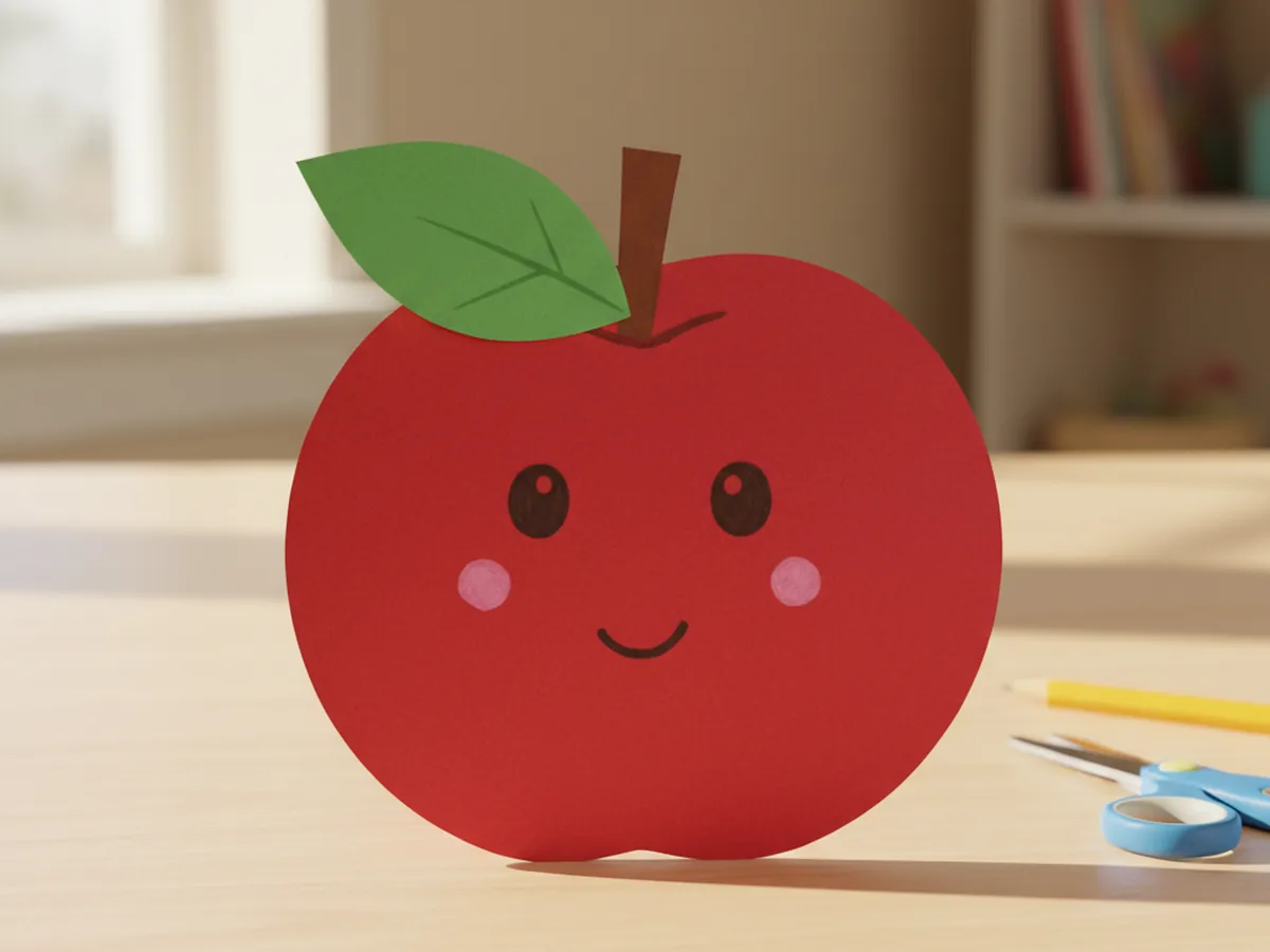 Finished easy paper fruit craft showing a cheerful red construction paper apple with a small brown paper stem, a green paper leaf with a folded crease, two marker drawn eyes, a small smile, and pink cheek dots, displayed on a white craft table