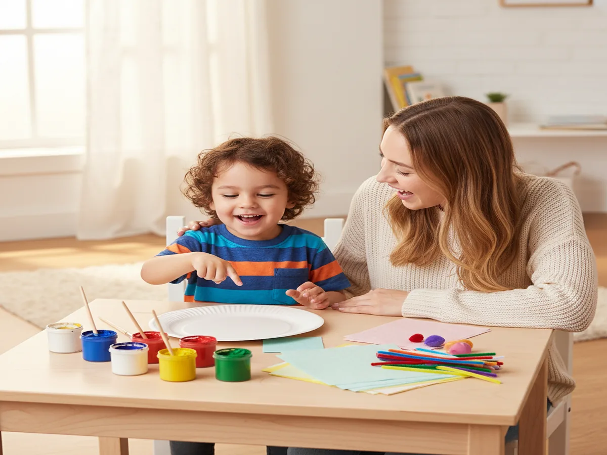 A mom and young child sitting together at a craft table, excited to start making a paper plate butterfly