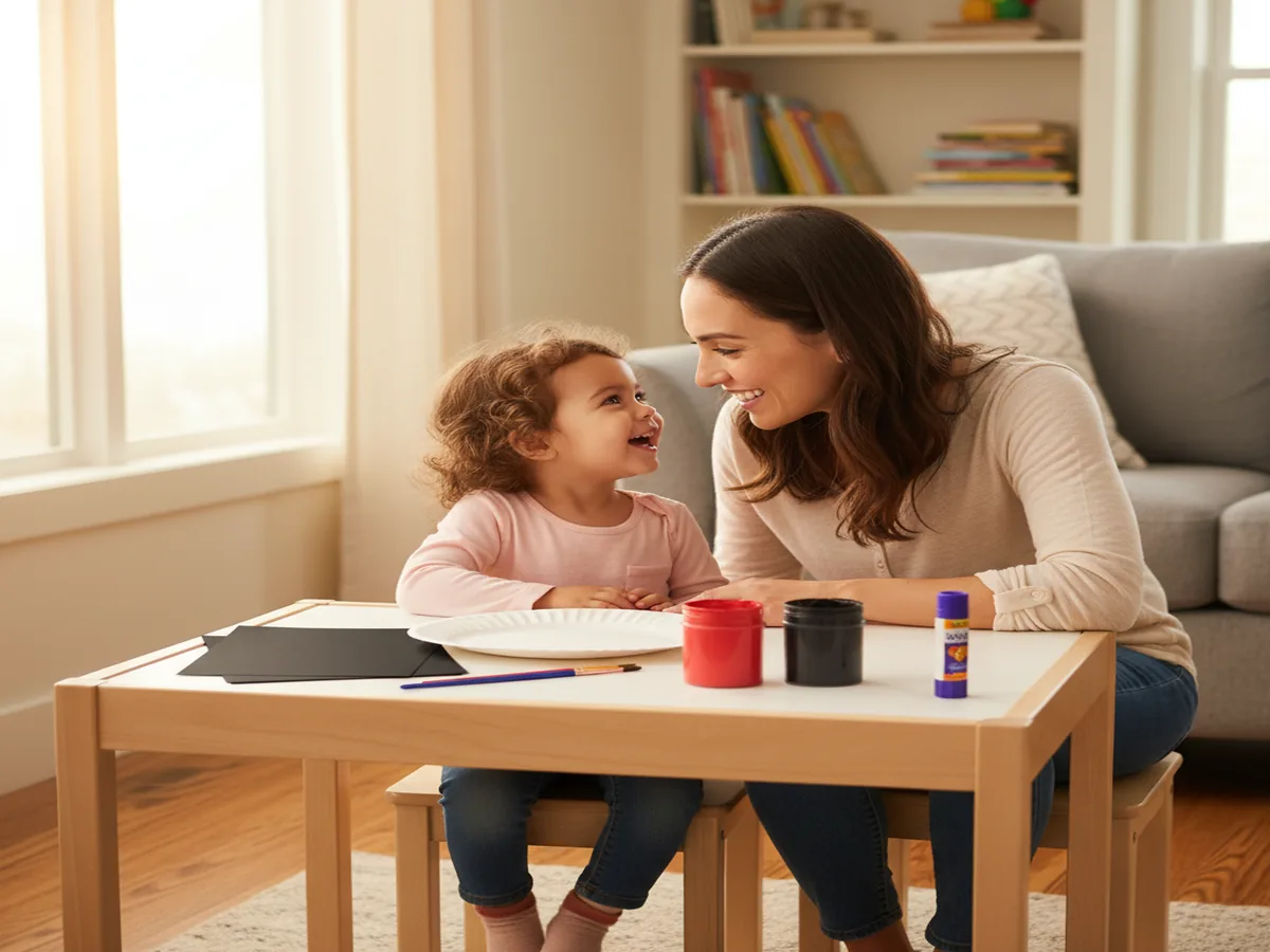 A mom and young child sitting together at a craft table, excited to start making a paper plate ladybug