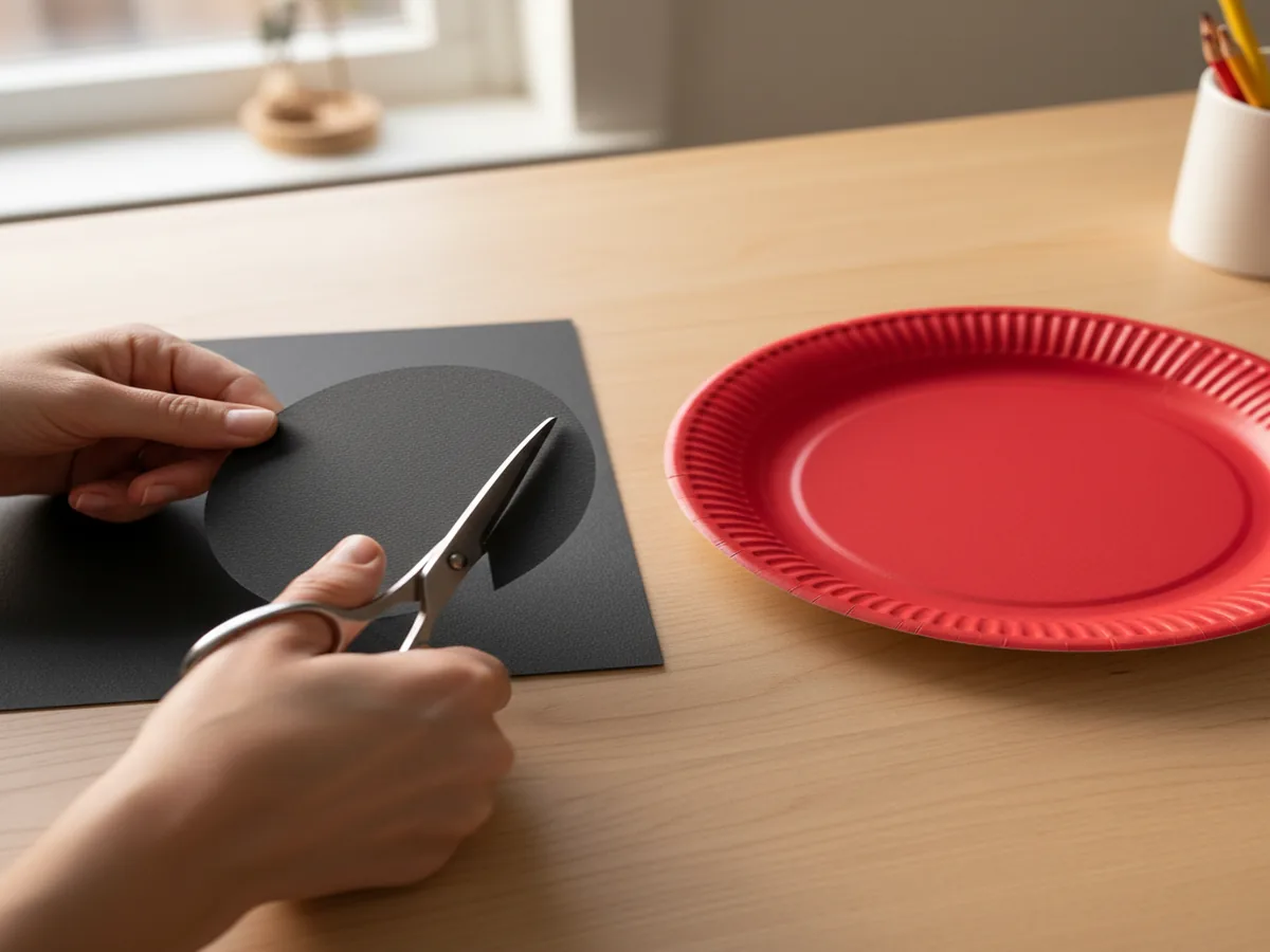 A mom helping a toddler fold the dried red paper plate in half to create the ladybug wings