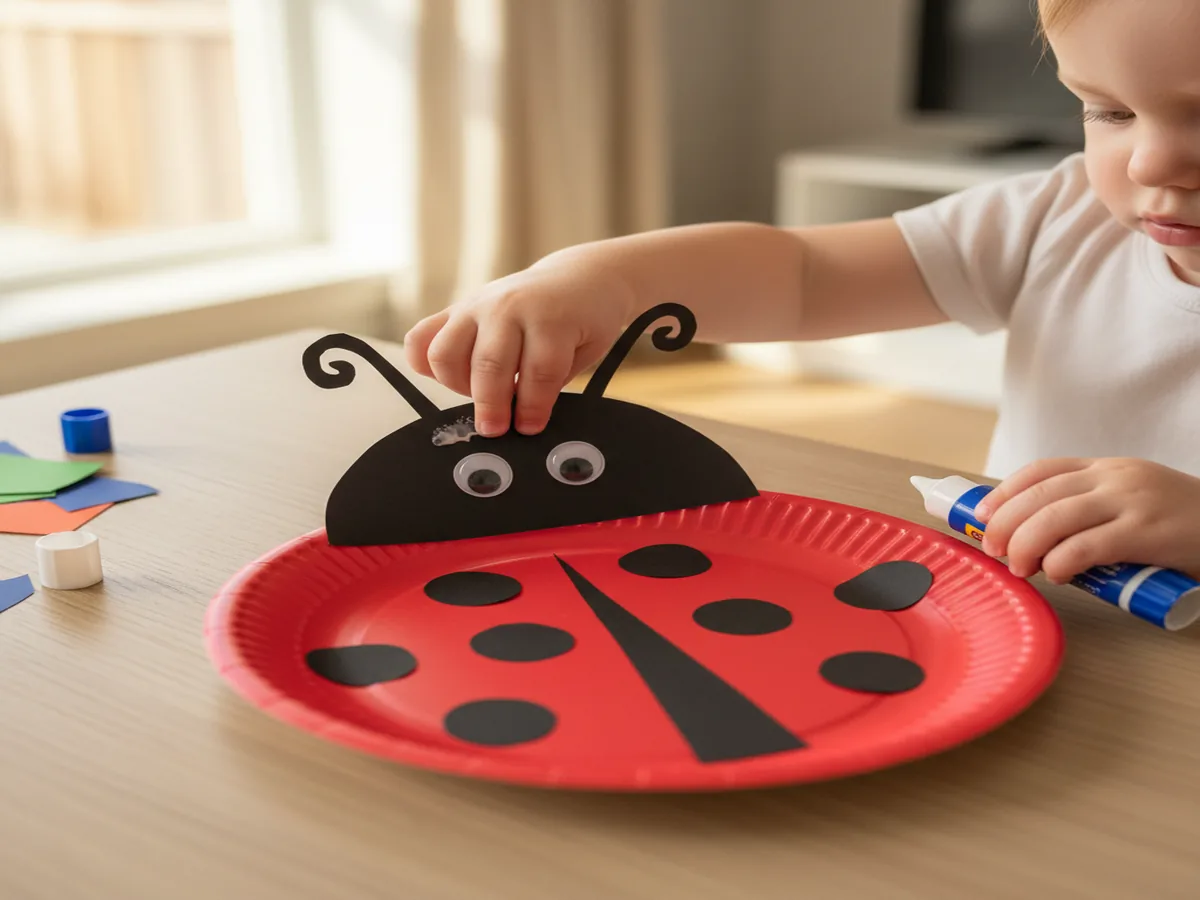 A toddler gluing a small black construction paper half-circle to the top of the plate for the ladybug head with two g...