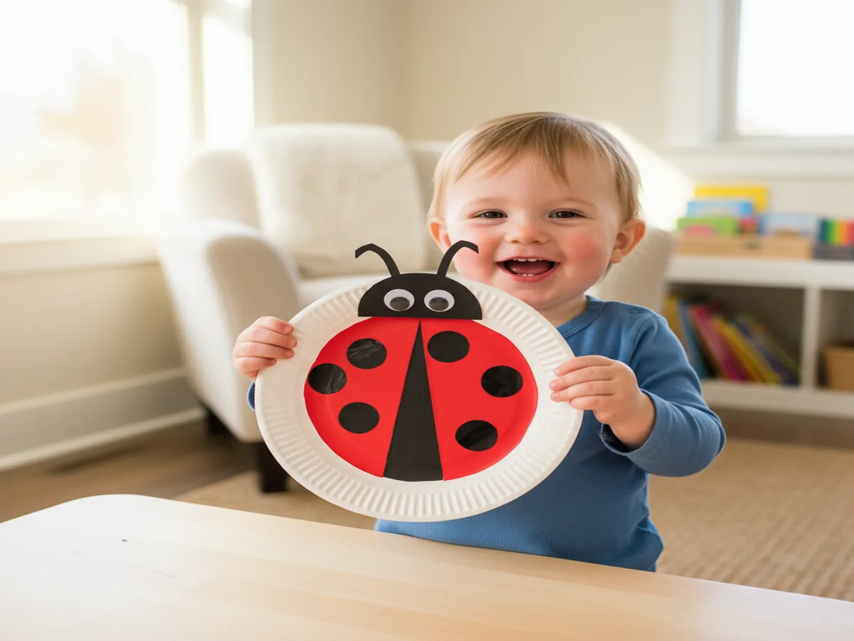 A toddler gluing two short black pipe cleaner pieces to the head as antennae and holding up the finished smiling lady...