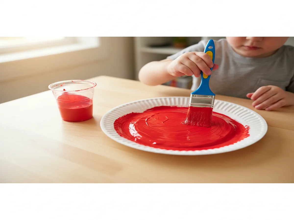 A toddler painting the bottom of a white paper plate bright red with a chunky brush on a covered table